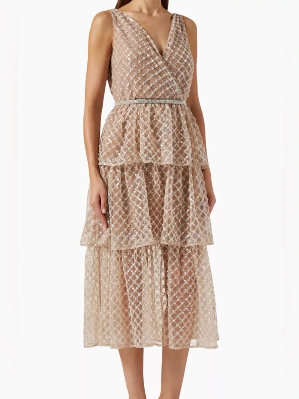 Self Portrait Tiered V-Neck Sequin Midi Dress in Champagne NEW WITH TAGS
